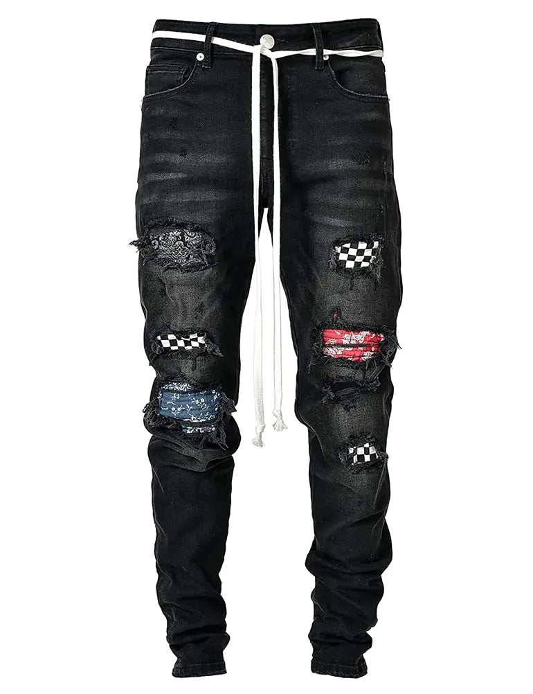 IDEALSANXUN Mens Ripped Stretch Jeans Casual Slim Fit Distressed Plaid Pattern Skinny Biker Jeans(Black 32)
