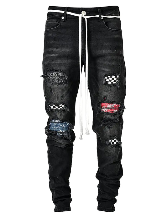 IDEALSANXUN Mens Ripped Stretch Jeans Casual Slim Fit Distressed Plaid Pattern Skinny Biker Jeans(Black 32)