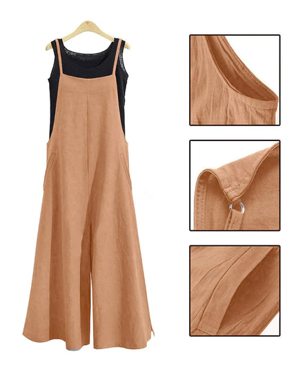 YESNO Women Casual Loose Long Bib Pants Wide Leg Jumpsuits Baggy Cotton Rompers Overalls with Pockets PZZTYP2 3X-Large Apricot